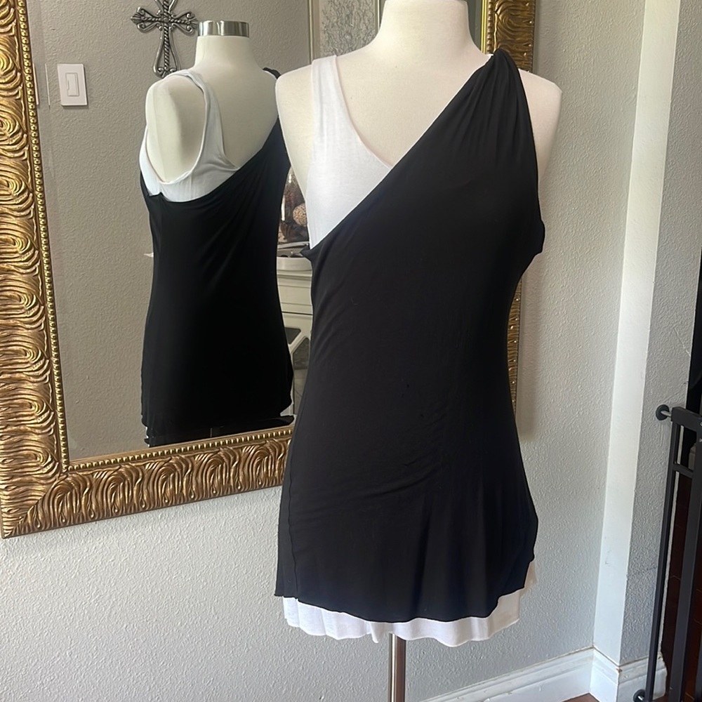 Black and White One-Shoulder Layered Tank Top